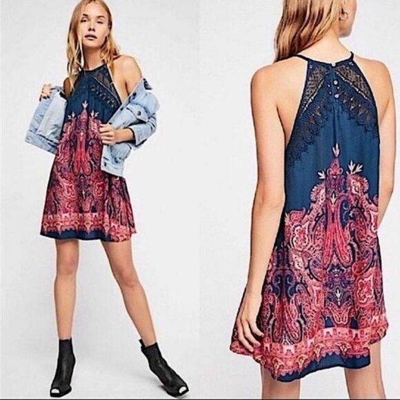 FREE PEOPLE Navy Blue Shea Crochet Printed Slip Mini Dress, Size M - Picture 1 of 2